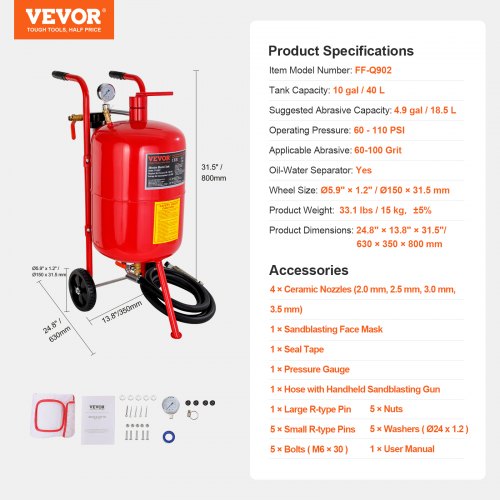 10Gal40L Sandblaster Equipped with Nozzle ShutOff Valve Pressure Gauge