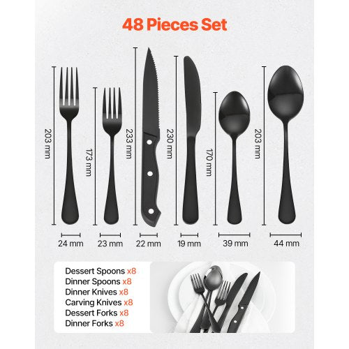 48Piece Black Silverware Set with Steak Knives FoodGrade Stainless Steel