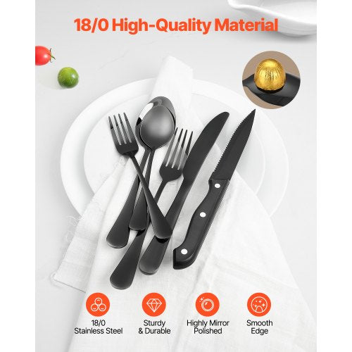 48Piece Black Silverware Set with Steak Knives FoodGrade Stainless Steel