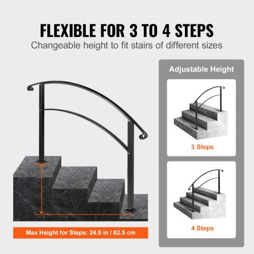 4Step Handrail Fits 1 or 4 Steps Matte Black Stair Rail Wrought Iron