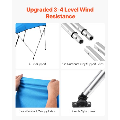 4 Bow Boat Bimini Tops 600D Polyester Canopy with Aluminum Alloy Frame