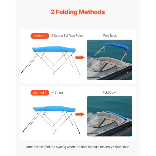 4 Bow Boat Bimini Tops 600D Polyester Canopy with Aluminum Alloy Frame