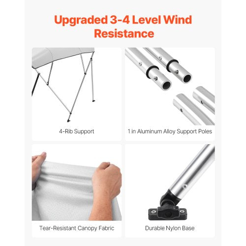 4 Bow Boat Bimini Tops 600D Polyester Canopy with Aluminum Alloy Frame