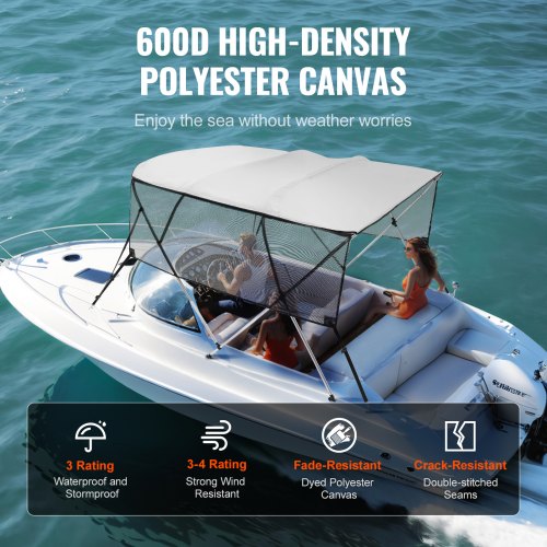 4 Bow Bimini Top Boat Cover Detachable Mesh Sidewalls 600D Polyester