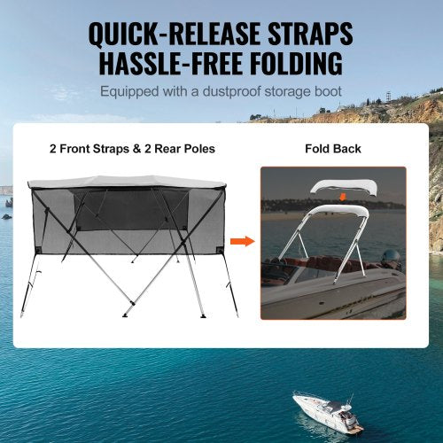 4 Bow Bimini Top Boat Cover Detachable Mesh Sidewalls 600D Polyester