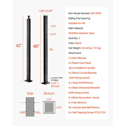 4Pack Cable Railing Post 42x2x2 In HorizontalHole Deck Railing Post