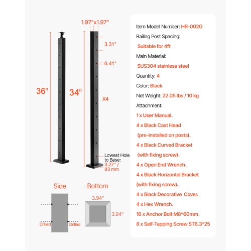 4Pack Cable Railing Post 36x2x2 In HorizontalHole Deck Railing Post