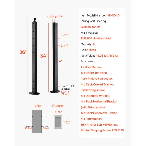 4Pack Cable Railing Post 36x1x2 In HorizontalHole Deck Railing Post
