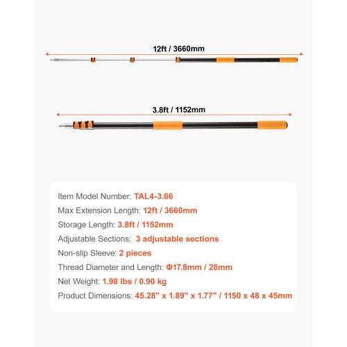 Telescopic Extension Pole 3.8 - 12 FT MultiPurpose Extendable Pole Sturdy