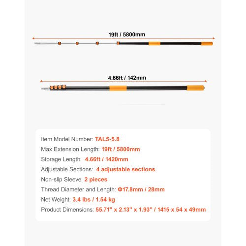Telescopic Extension Pole 4.66 - 19 FT MultiPurpose Extendable Pole Sturdy