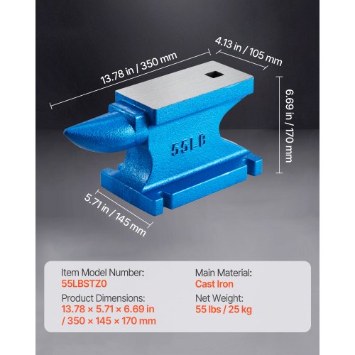 Single Horn Anvil 55Lbs Cast Iron Anvil Blacksmith Withstands Heavy