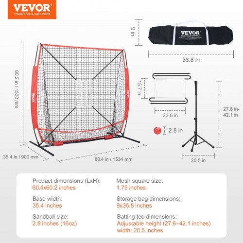 5x5 ft Baseball Softball Practice Net Portable Baseball Training Net