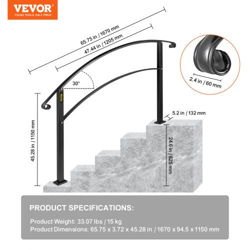 Handrails for Outdoor Steps Fit 1 or 5 Steps Outdoor Stair Railing Black