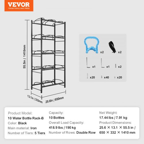 5Tier Water Jug Holder Double Row Water Bottle Rack for 10 Bottles Black – 10 W