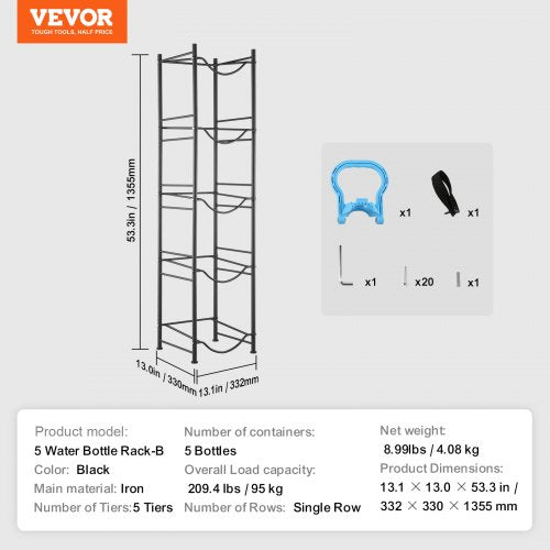 5 Tiers Water Jug Holder Single Row Water Bottle Rack for 5 Bottles Black – 5 W