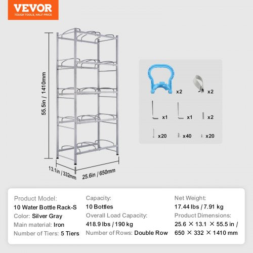 5Tier Water Jug Holder Double Row Water Jug Rack 10 Bottles Silver Gray – 10 W