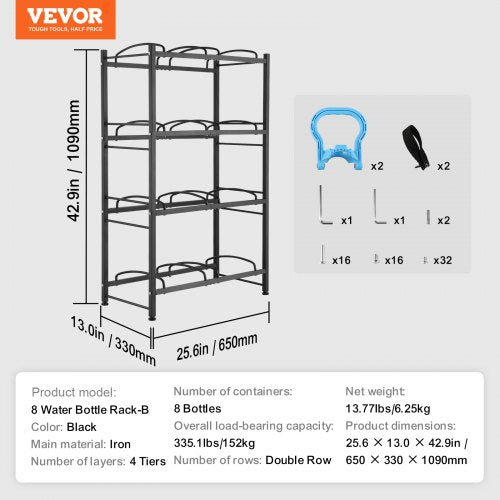 4 Tiers Water Jug Holder Double Row Water Bottle Rack for 8 Bottles Black – 8 W