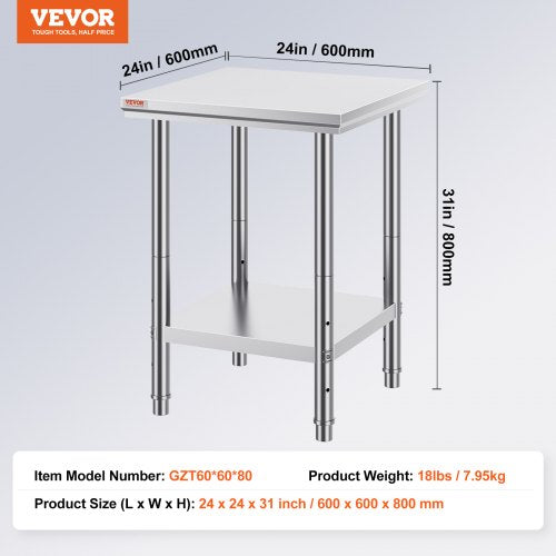 Stainless Steel Prep Table 24 x 24 x 31 Inch 700 lbs Load Capacity Heavy