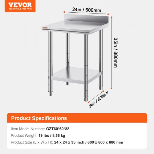 24 x 24 x 35 Inch Stainless Steel Work Table Commercial Food Prep Worktable