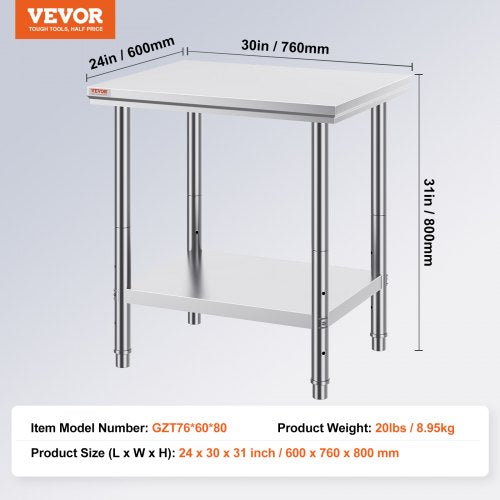 Stainless Steel Prep Table 24 x 30 x 31 Inch 700 lbs Load Capacity Heavy