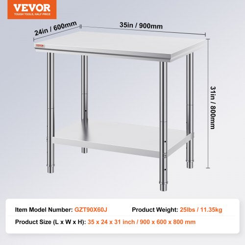 Stainless Steel Prep Table 900x600x800 mm 700 lbs Load Capacity Heavy