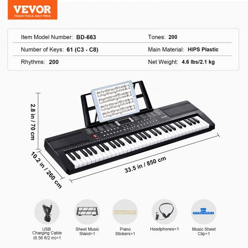 61 Key Digital Keyboard Piano 200 Tones 200 Rhythms Electric Portable