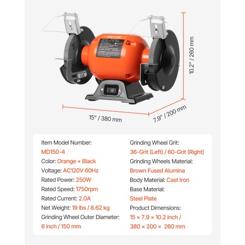 Bench Grinder 6inch Single Speed Bench Grinder 1750RPM LowSpeed Table