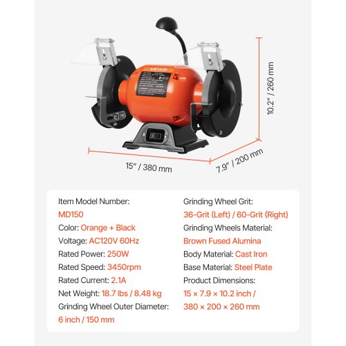 Bench Grinder 6inch Single Speed Bench Grinder 3450RPM HighSpeed Table