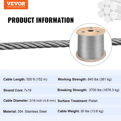 316 Inch 7x19 Stainless Steel Aircraft Cable Reel 500FT Stainless Steel