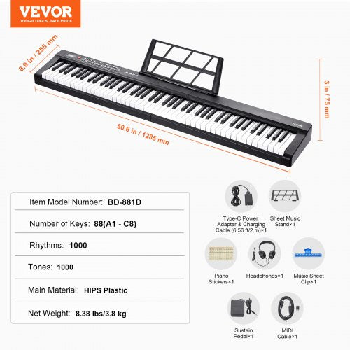 88 Key Digital Piano Keyboard Semi Weighted Keys Full Size Electric