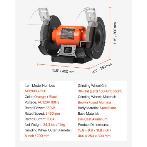 Bench Grinder 8inch Single Speed Bench Grinder 3450RPM HighSpeed Table