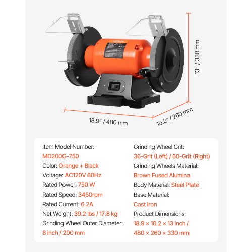 Bench Grinder 8inch Single Speed Bench Grinder 3450RPM HighSpeed Table