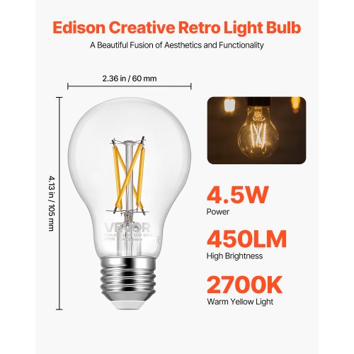 6 Pack Edison Bulbs LED A19 Vintage Edison Light Bulbs 45W Dimmable 450