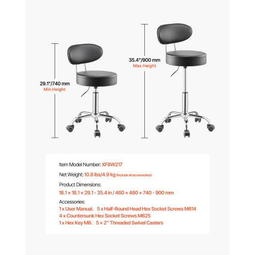 Shop Stool with Backrest Pneumatic Garage SeatWork Stool with Wheels 300