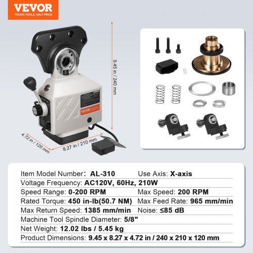 XAxis Power Feed for Milling Machine 450 inlb Torque 0200RPM Adjustable