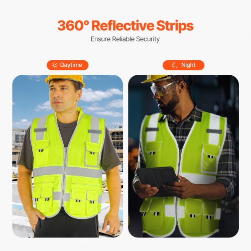 Safety Vest 10 Pockets Yellow Safety Vest High Visibility Zipper Front