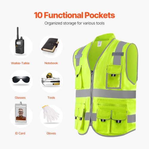 Safety Vest 10 Pockets Yellow Safety Vest High Visibility Zipper Front