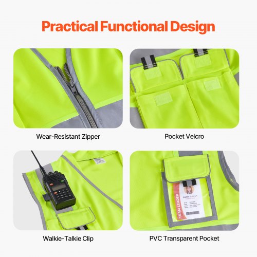 Safety Vest 10 Pockets Yellow Safety Vest High Visibility Zipper Front
