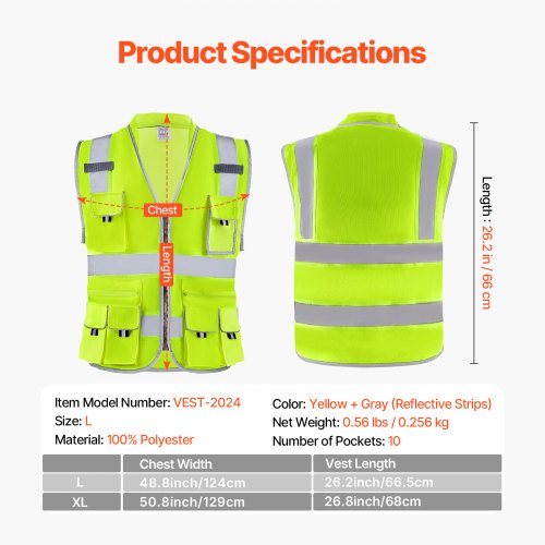 Safety Vest 10 Pockets Yellow Safety Vest High Visibility Zipper Front