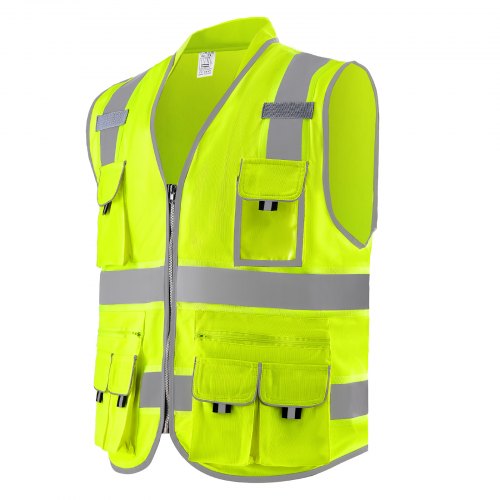 Safety Vest 10 Pockets Yellow Safety Vest High Visibility Zipper Front
