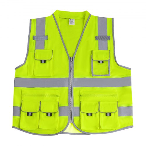 Safety Vest 10 Pockets Yellow Safety Vest High Visibility Zipper Front