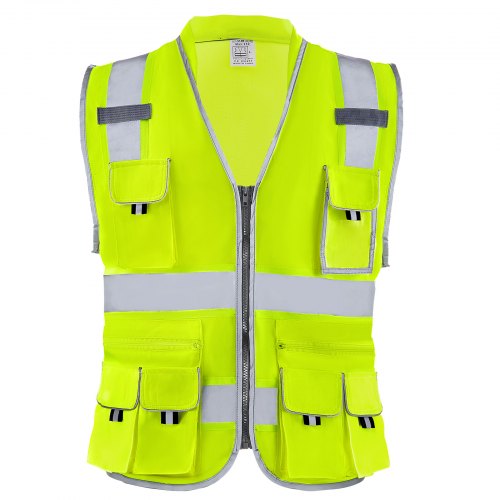 Safety Vest 10 Pockets Yellow Safety Vest High Visibility Zipper Front