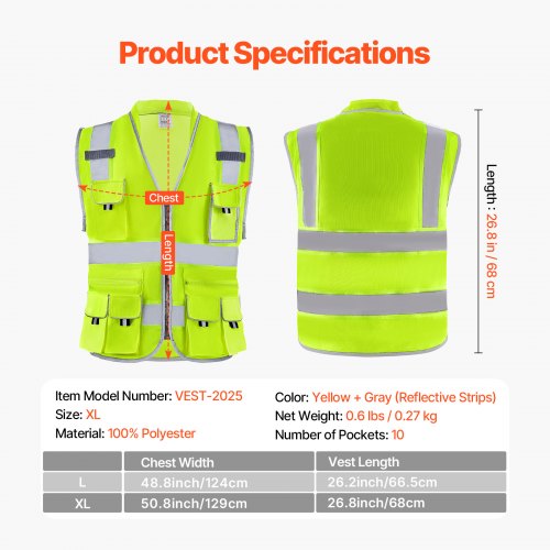 Safety Vest 10 Pockets Yellow Safety Vest Hi Vis Zipper Front Safety Vest
