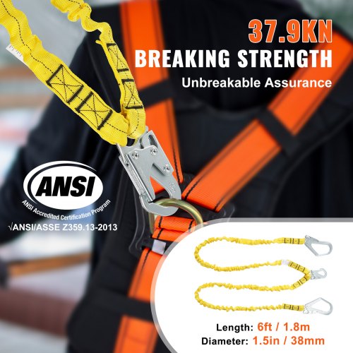 38mm Safety Lanyard 6ft183m Fall Protection Lanyard with 2 Alloy Steel