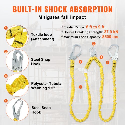 38mm Safety Lanyard 6ft183m Fall Protection Lanyard with 2 Alloy Steel
