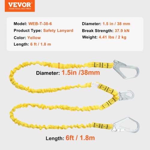 38mm Safety Lanyard 6ft183m Fall Protection Lanyard with 2 Alloy Steel