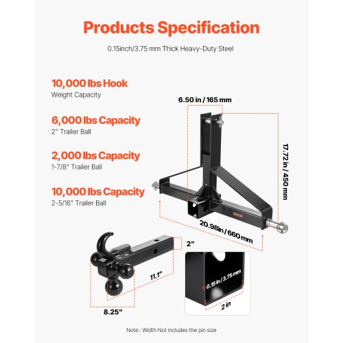 3 Point Trailer Hitch with 2 in Receiver 3pt Quick Hitch Attachment Heavy