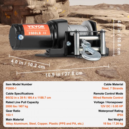 Electric Winch 2000 lb Line Pull Capacity 12V DC ATVUTV Winch with 532