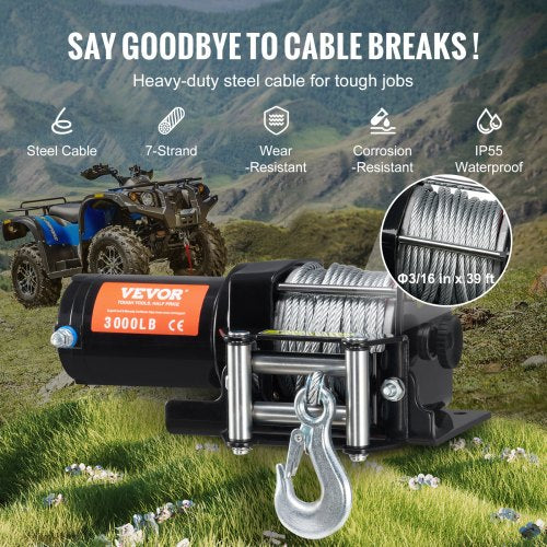 Electric Winch 3000 lb Line Pull Capacity 12V DC ATVUTV Winch with 316