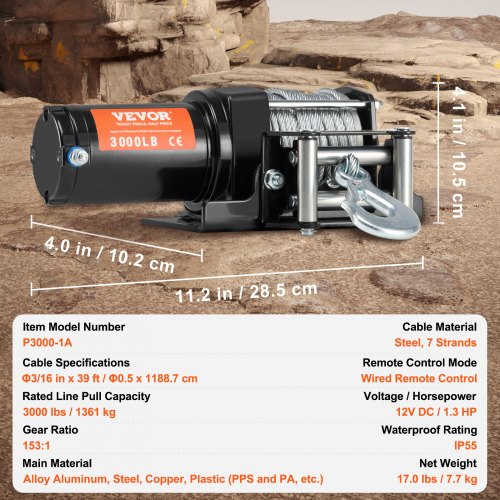 Electric Winch 3000 lb Line Pull Capacity 12V DC ATVUTV Winch with 316